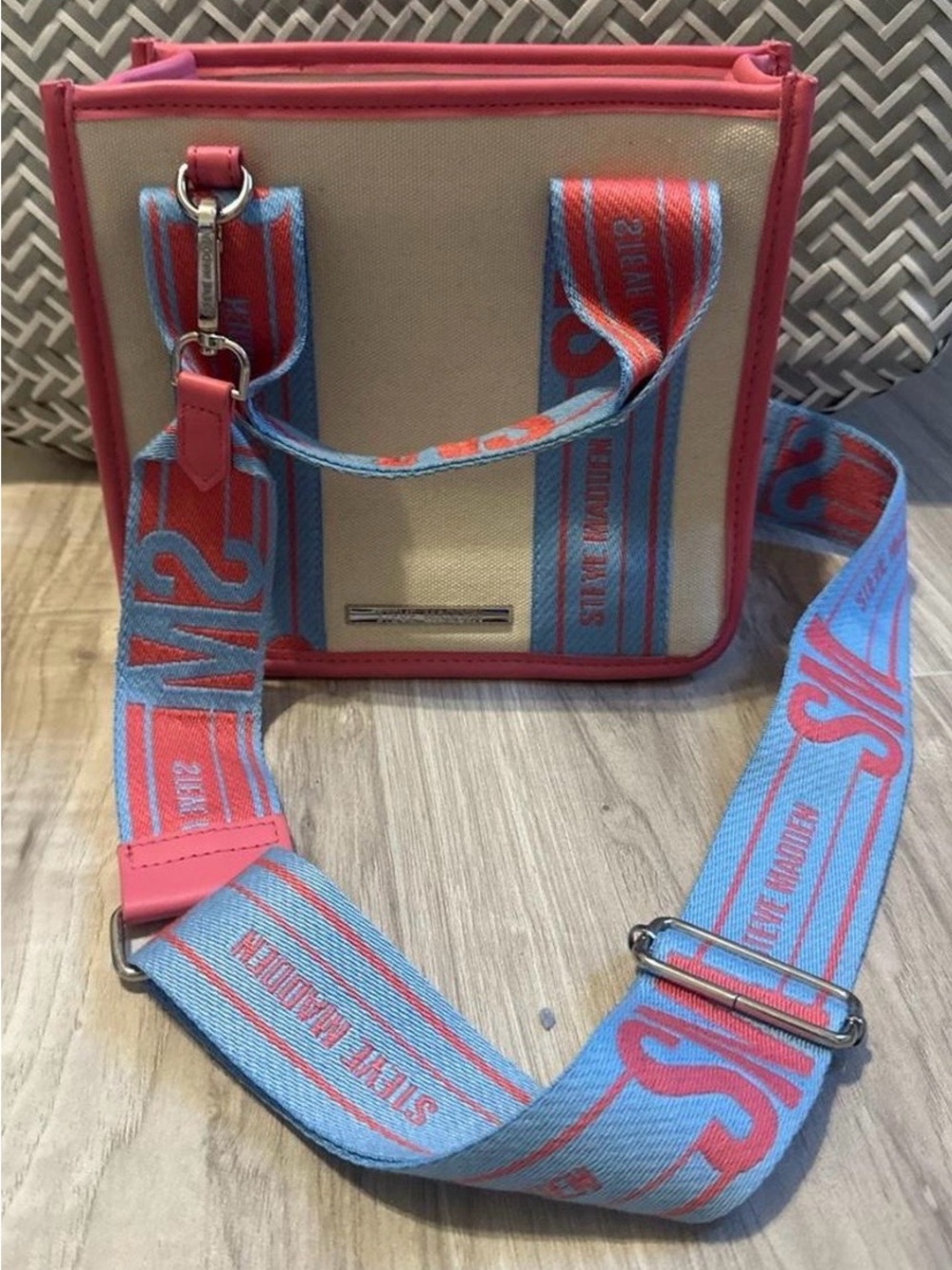 Steve Madden Pink and Blue Crossbody Tote with Canvas Body